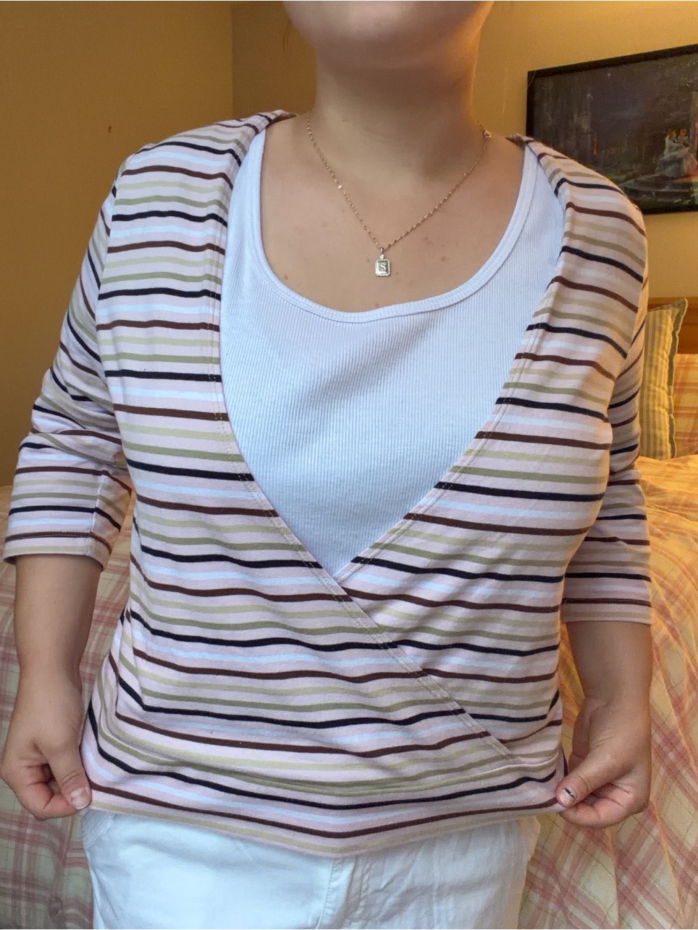 Y2K Cato Striped 3/4 Sleeve Top - Layered Built-in Tank